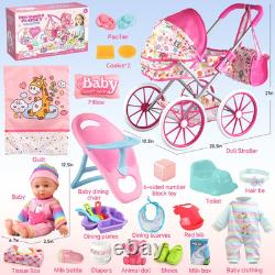 12.5 Baby Doll Stroller Set with 24 Accessories & 2 Outfits for Girls