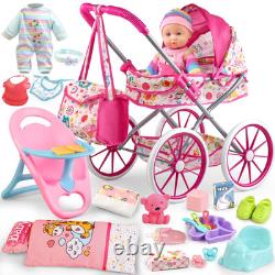 12.5 Baby Doll Stroller Set with 24 Accessories & 2 Outfits for Girls