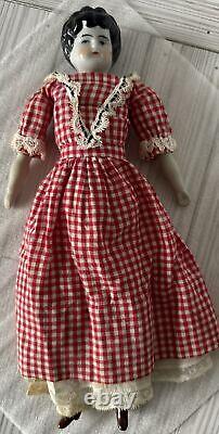 12 Antique 1860s China Head Doll w Porcelain arms Cloth Body Checked Dress Lace