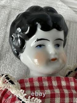 12 Antique 1860s China Head Doll w Porcelain arms Cloth Body Checked Dress Lace