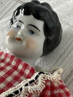 12 Antique 1860s China Head Doll w Porcelain arms Cloth Body Checked Dress Lace