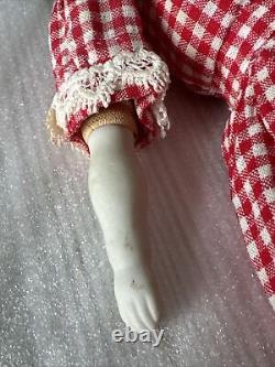 12 Antique 1860s China Head Doll w Porcelain arms Cloth Body Checked Dress Lace