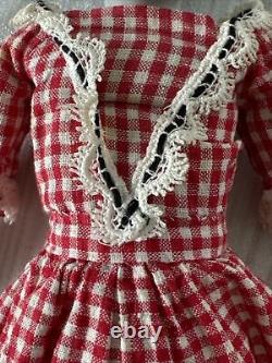 12 Antique 1860s China Head Doll w Porcelain arms Cloth Body Checked Dress Lace