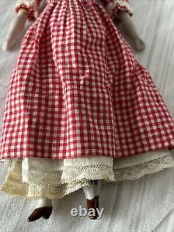 12 Antique 1860s China Head Doll w Porcelain arms Cloth Body Checked Dress Lace