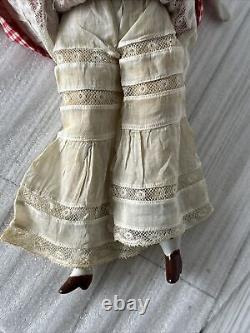 12 Antique 1860s China Head Doll w Porcelain arms Cloth Body Checked Dress Lace