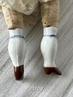 12 Antique 1860s China Head Doll w Porcelain arms Cloth Body Checked Dress Lace