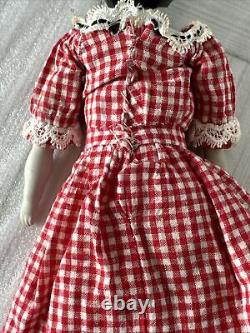 12 Antique 1860s China Head Doll w Porcelain arms Cloth Body Checked Dress Lace