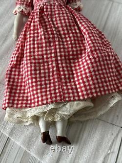 12 Antique 1860s China Head Doll w Porcelain arms Cloth Body Checked Dress Lace