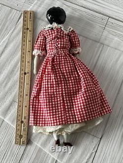 12 Antique 1860s China Head Doll w Porcelain arms Cloth Body Checked Dress Lace