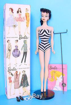 1959 Super Rare Brunette Ponytail #1 Barbie Boxed! W #1 Stand! Nice Toning