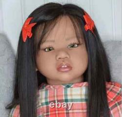 28inch Reborn Baby Doll Brown Skin Toddler Girl Doll Hand-Rooted Black Hair Gift