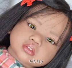 28inch Reborn Baby Doll Brown Skin Toddler Girl Doll Hand-Rooted Black Hair Gift