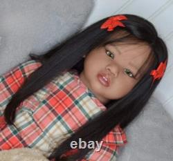 28inch Reborn Baby Doll Brown Skin Toddler Girl Doll Hand-Rooted Black Hair Gift