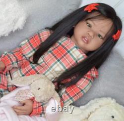 28inch Reborn Baby Doll Brown Skin Toddler Girl Doll Hand-Rooted Black Hair Gift