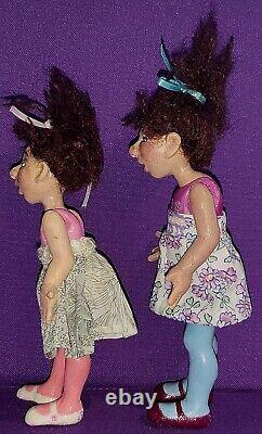 2 Art Artist Doll Ooak 7-8 Tall Polymer Clay Doll Signed SJ Brunette Sisters