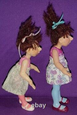 2 Art Artist Doll Ooak 7-8 Tall Polymer Clay Doll Signed SJ Brunette Sisters