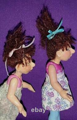 2 Art Artist Doll Ooak 7-8 Tall Polymer Clay Doll Signed SJ Brunette Sisters