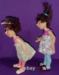 2 Art Artist Doll Ooak 7-8 Tall Polymer Clay Doll Signed SJ Brunette Sisters