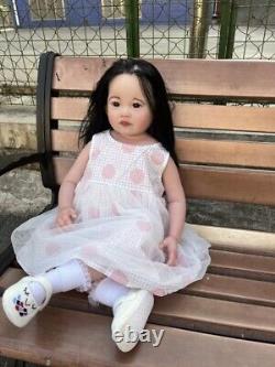30 Reborn Toddler Girl Doll Rooted Long Black Hair Lifelike Soft Body Toy Gift