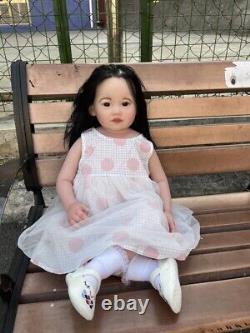 30 Reborn Toddler Girl Doll Rooted Long Black Hair Lifelike Soft Body Toy Gift