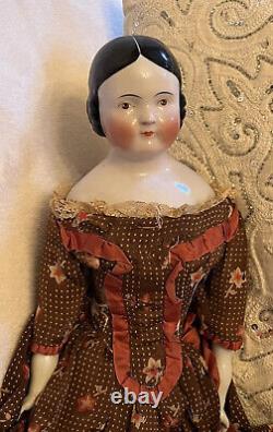 Antique 23 Rare Brown Eyed Covered Wagon China Doll Pink Tint Circa 1850