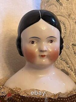 Antique 23 Rare Brown Eyed Covered Wagon China Doll Pink Tint Circa 1850