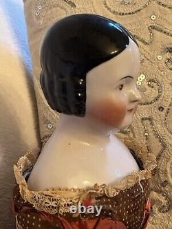 Antique 23 Rare Brown Eyed Covered Wagon China Doll Pink Tint Circa 1850