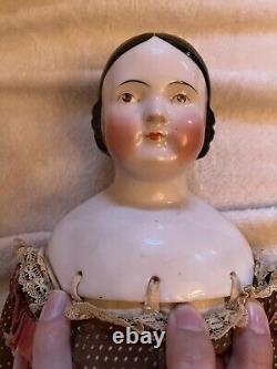 Antique 23 Rare Brown Eyed Covered Wagon China Doll Pink Tint Circa 1850