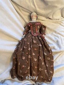 Antique 23 Rare Brown Eyed Covered Wagon China Doll Pink Tint Circa 1850