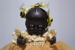 Antique Bisque Porcelain Black Ebony Baby Doll Laced Miniature Doll