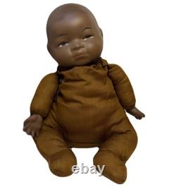 Antique Black African Baby Bisque Porcelain Head & Hands Brown Cloth Body Doll