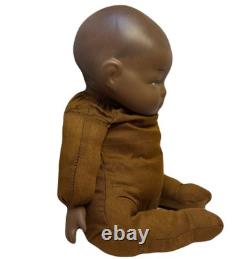 Antique Black African Baby Bisque Porcelain Head & Hands Brown Cloth Body Doll
