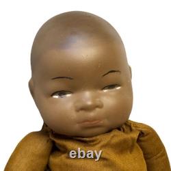 Antique Black African Baby Bisque Porcelain Head & Hands Brown Cloth Body Doll