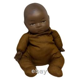 Antique Black African Baby Bisque Porcelain Head & Hands Brown Cloth Body Doll