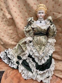 Antique Parian Doll 21 Empress Augusta, Molded Bodice, Cross, Head 5 1/2 Tall