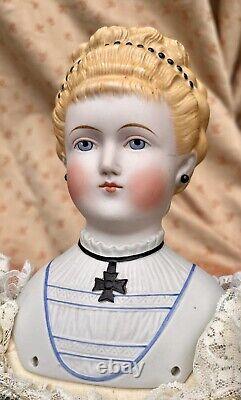 Antique Parian Doll 21 Empress Augusta, Molded Bodice, Cross, Head 5 1/2 Tall