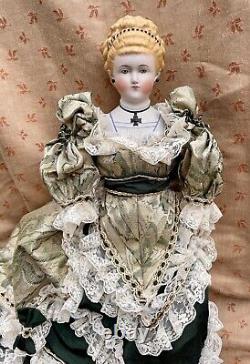 Antique Parian Doll 21 Empress Augusta, Molded Bodice, Cross, Head 5 1/2 Tall