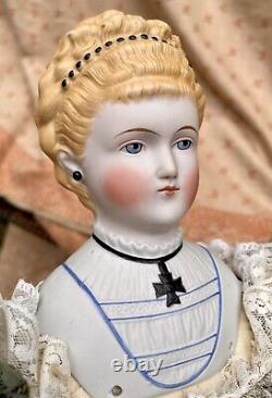Antique Parian Doll 21 Empress Augusta, Molded Bodice, Cross, Head 5 1/2 Tall