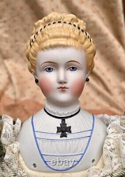 Antique Parian Doll 21 Empress Augusta, Molded Bodice, Cross, Head 5 1/2 Tall