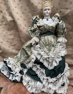 Antique Parian Doll 21 Empress Augusta, Molded Bodice, Cross, Head 5 1/2 Tall