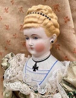 Antique Parian Doll 21 Empress Augusta, Molded Bodice, Cross, Head 5 1/2 Tall