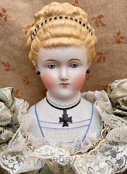 Antique Parian Doll 21 Empress Augusta, Molded Bodice, Cross, Head 5 1/2 Tall