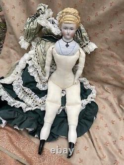 Antique Parian Doll 21 Empress Augusta, Molded Bodice, Cross, Head 5 1/2 Tall