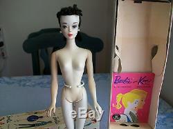 Beautiful Vintage Brunette No. 3 Barbie Doll, Box, Stand, and Shoes