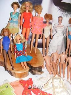 Big LOT 1960s VINTAGE BARBIE Dolls Fluff Skipper PJ Francie Midge clothes shoes