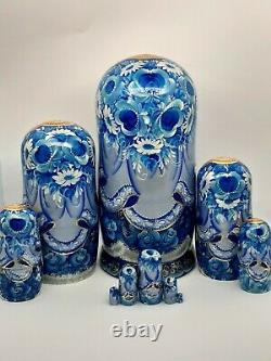 Blue nesting dolls, matryoshka Russian doll 10tall 10 in 1 Hand painted