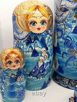 Blue nesting dolls, matryoshka Russian doll 10tall 10 in 1 Hand painted