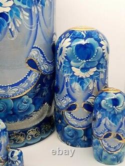 Blue nesting dolls, matryoshka Russian doll 10tall 10 in 1 Hand painted