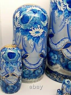 Blue nesting dolls, matryoshka Russian doll 10tall 10 in 1 Hand painted