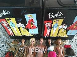 Lot of 5 vintage 1960' s Barbies with Mattel label wardrobe & Ponytail case. VGC